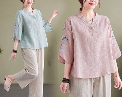 棉麻繡花小衫
